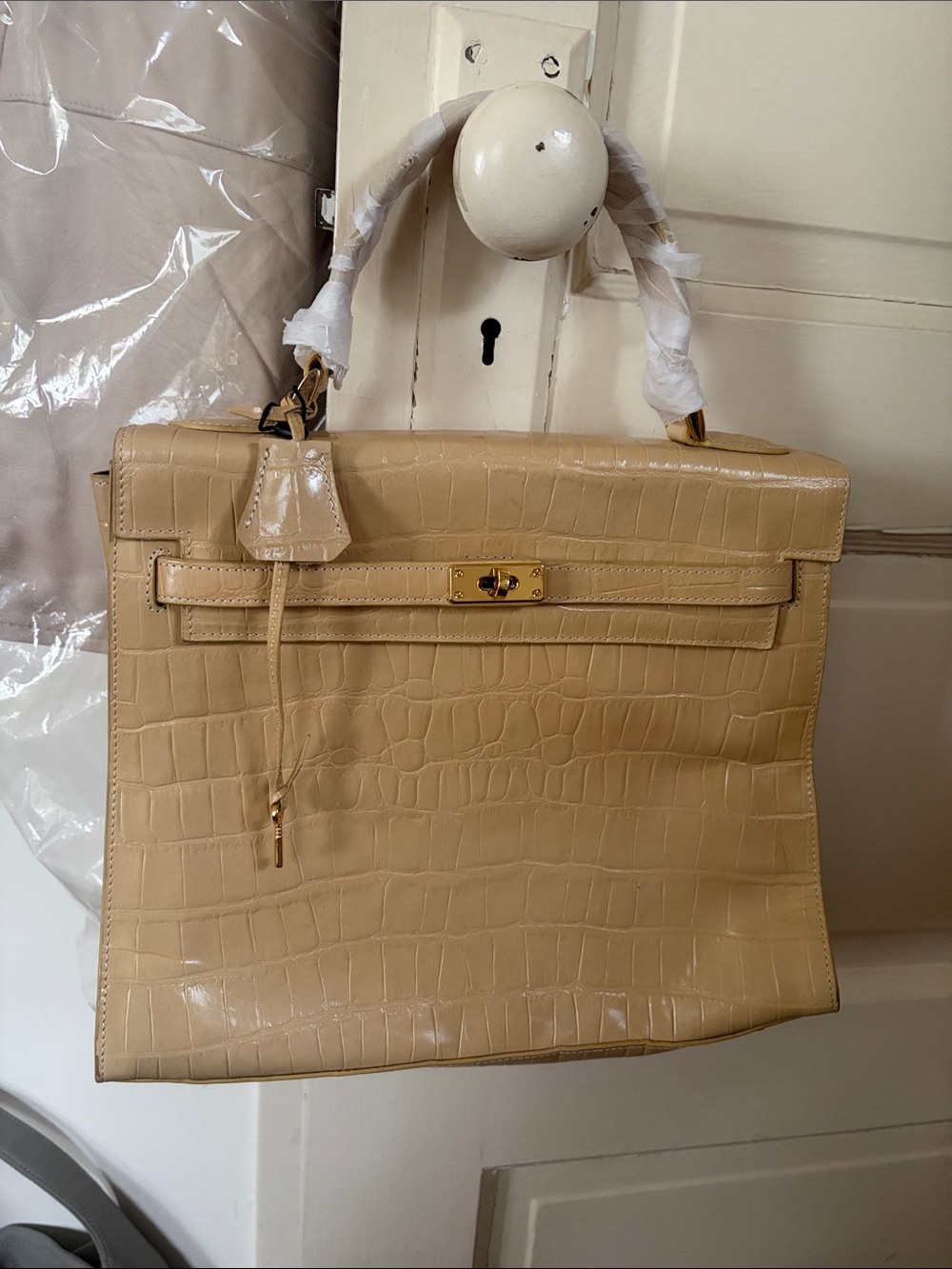 Croc-Embossed Top-Handle Satchel in Cream with Gold Hardware
